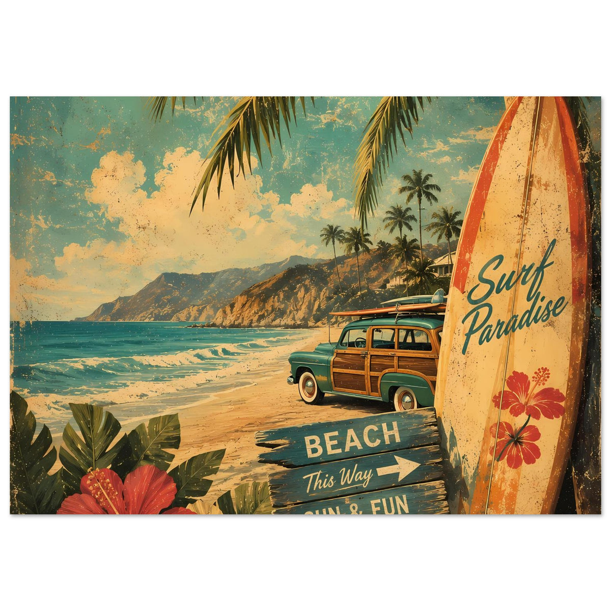 Vintage Beach-Poster mit Strand und Palmen: Surfbrett rechts, Schilder „BEACH“ und „SUN & FUN“