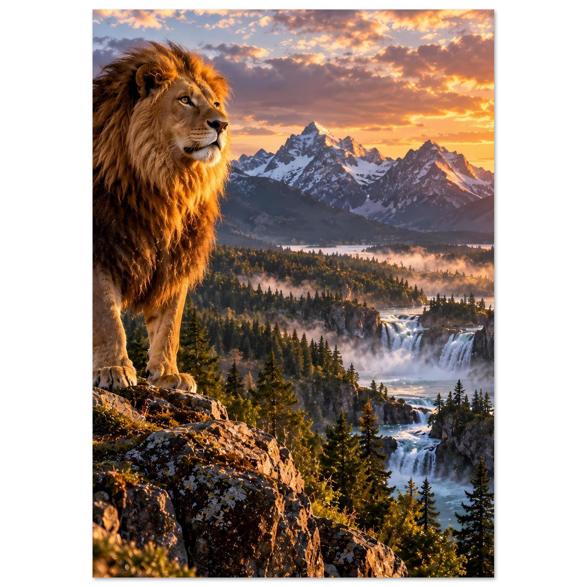 Poster mit Löwe links und weicher Landschaft mit Wasserfall und Tannen