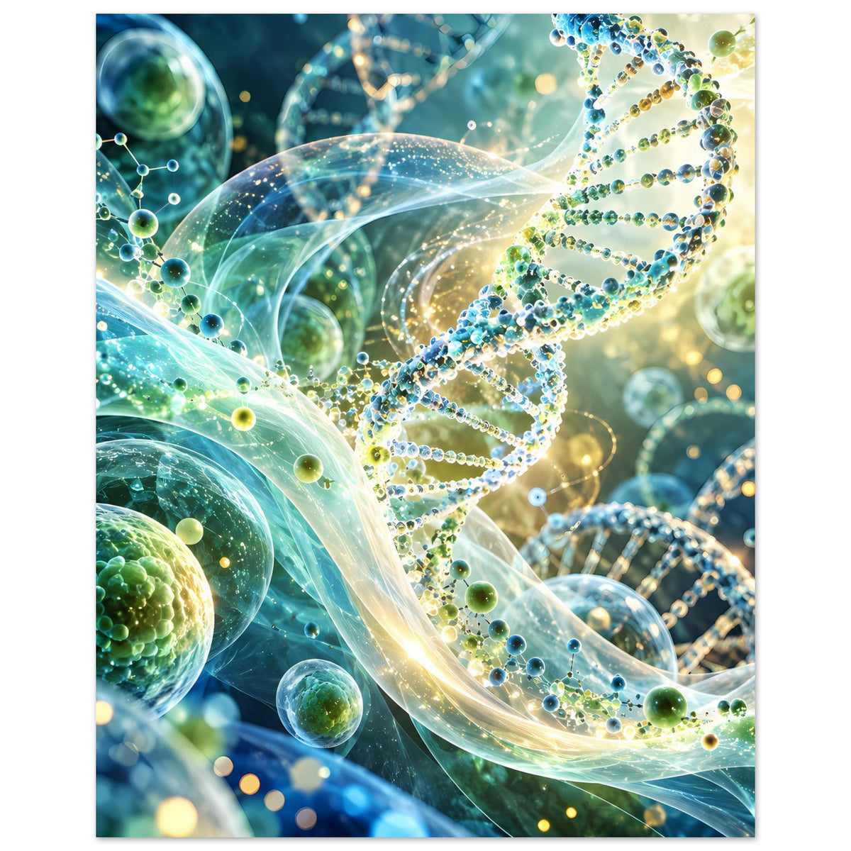 Rechteckiges Biotechnologie-Poster mit leuchtender DNA-Doppelhelix, grünen und blauen Partikeln