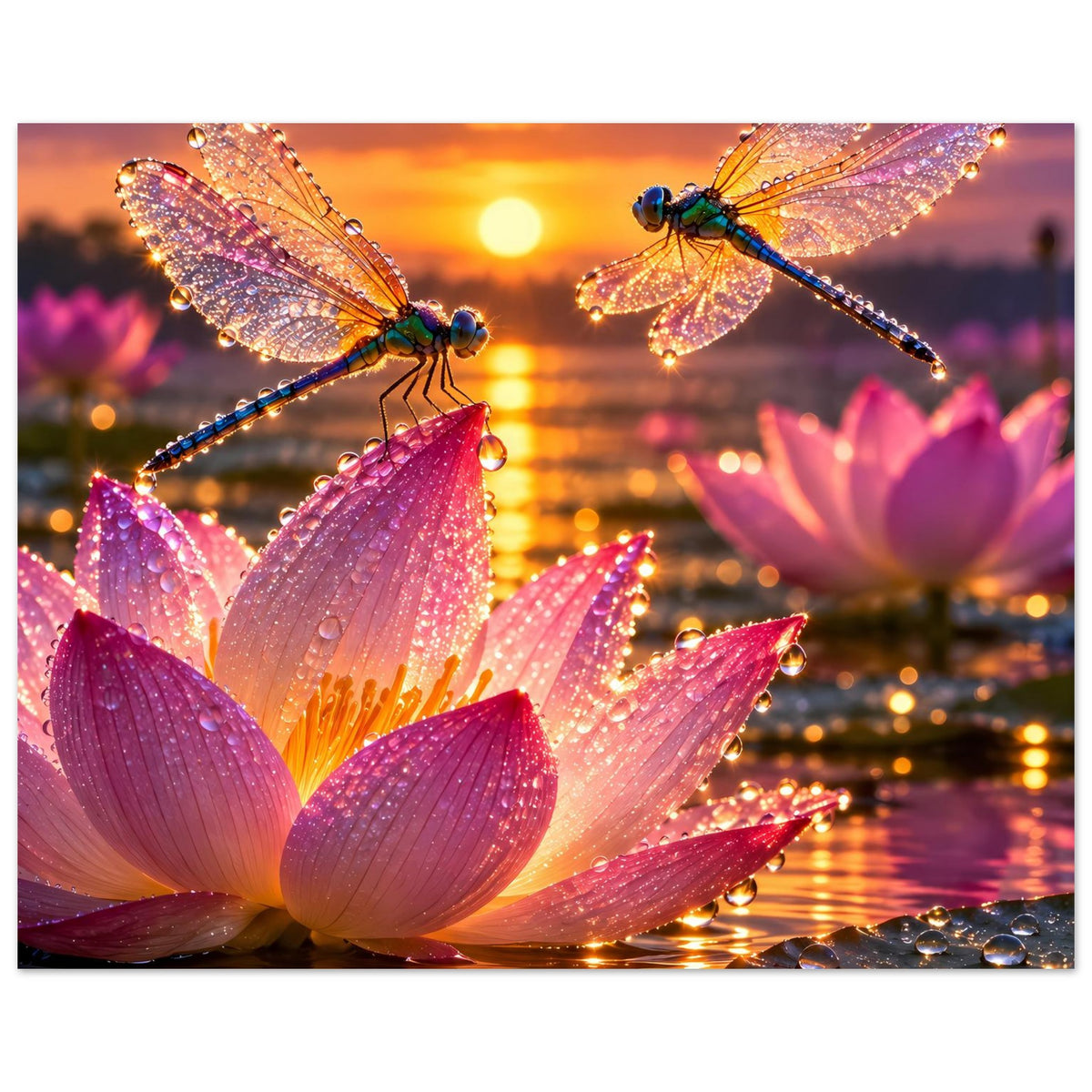 Poster im Querformat: Libellen über rosa Lotusblüten, warmes Licht und Glitzereffekt