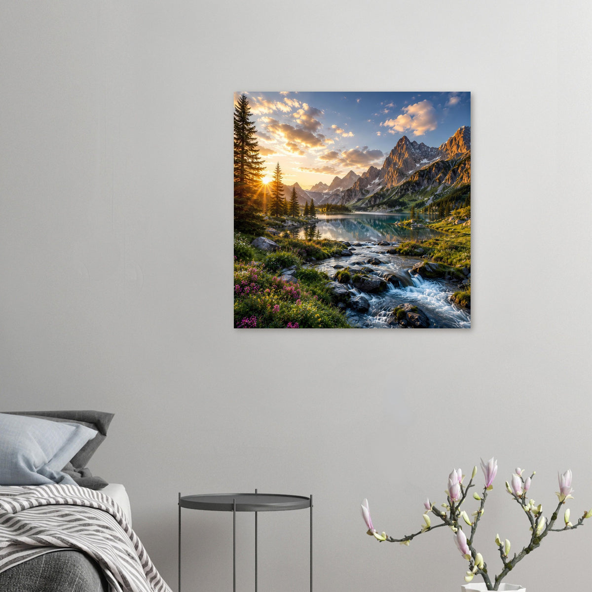 Kleines Naturposter mit Sonnenaufgang, Bergsee und Bachlauf im Gebirgstal