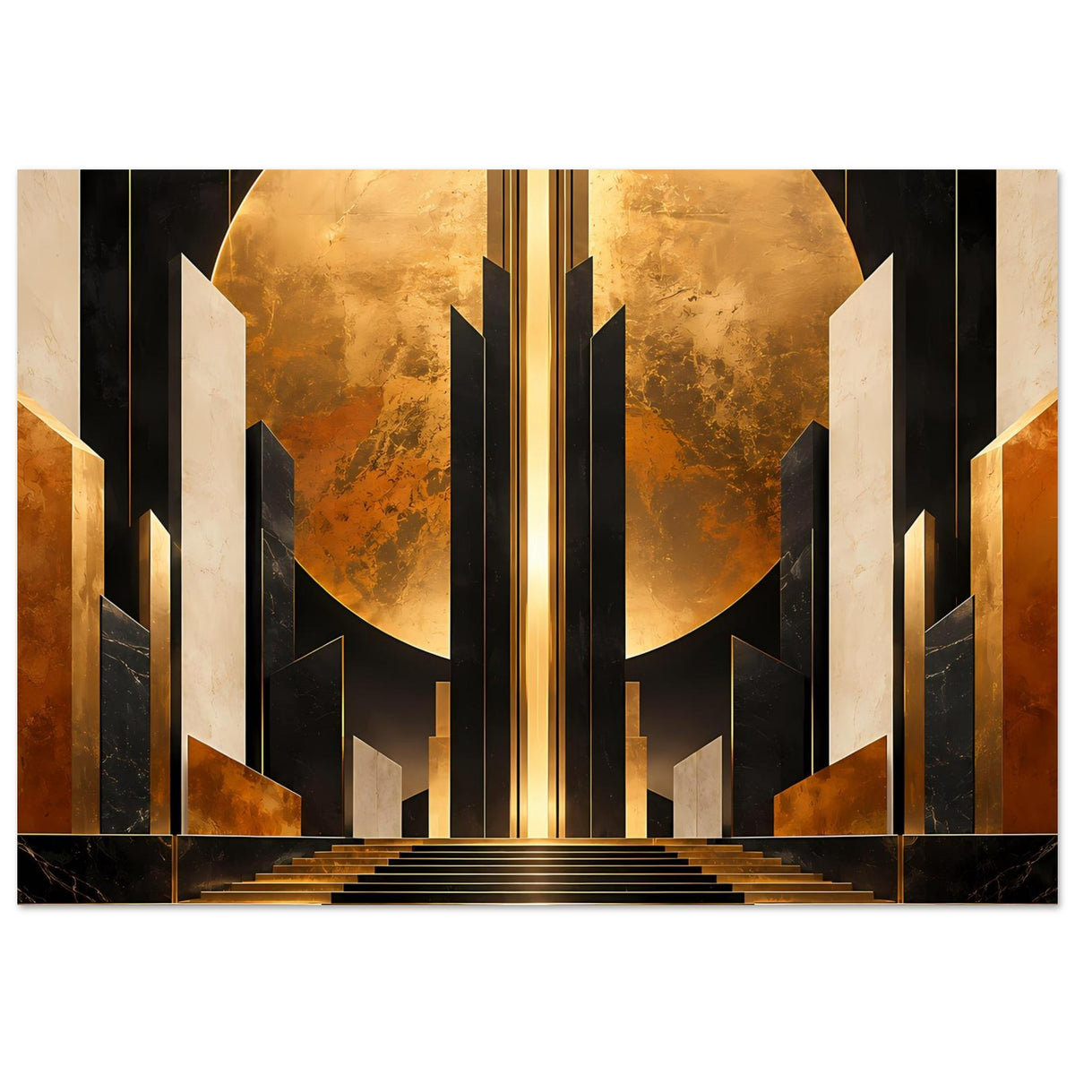 Art-Deco-Poster im Querformat mit goldener Säule, Halbkreis und Stufen in Schwarz-Gold