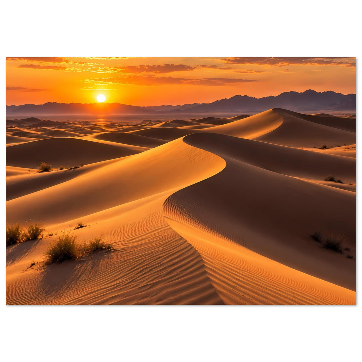 Wüsten-Sonnenuntergang-Poster im Querformat: goldene Sanddünen, Sonne am Horizont