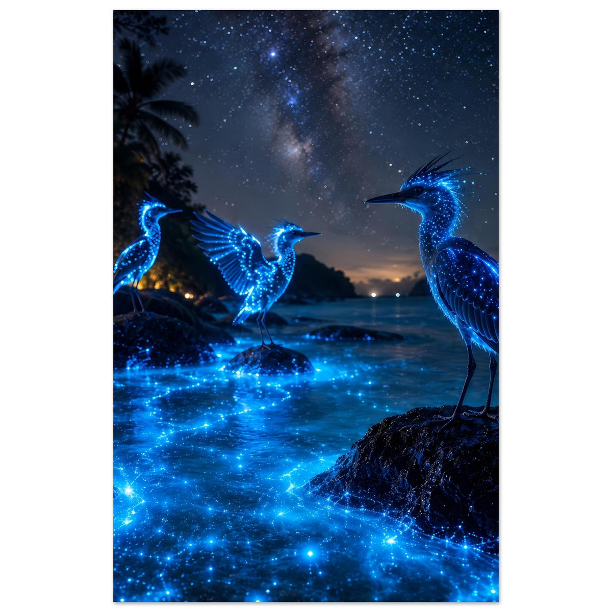 Poster im Hochformat: drei blau leuchtende Nachtvögel auf Felsen vor Sternenhimmel-Licht