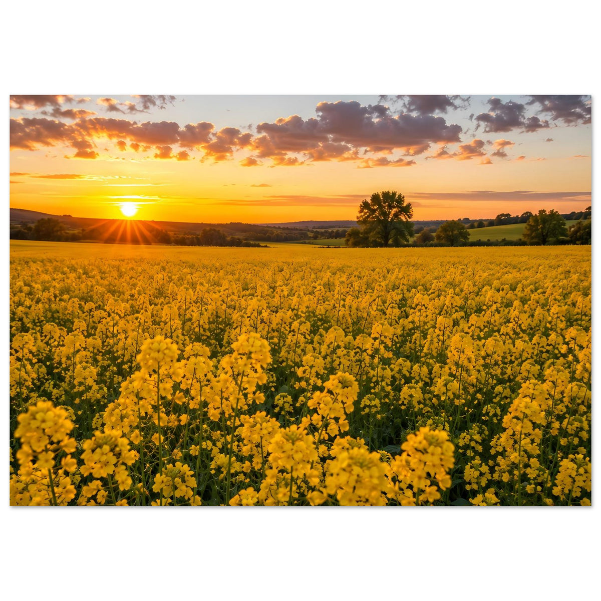 Landschaftsposter im Querformat: gelbe Blütenwiese, Sonne, Baum und Abendhimmel