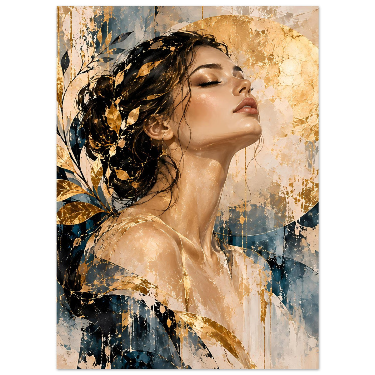 Kunst-Poster mit Frau im Profil, schwarze Locken, goldene Blattakzente, abgerundeter goldener Hintergrund
