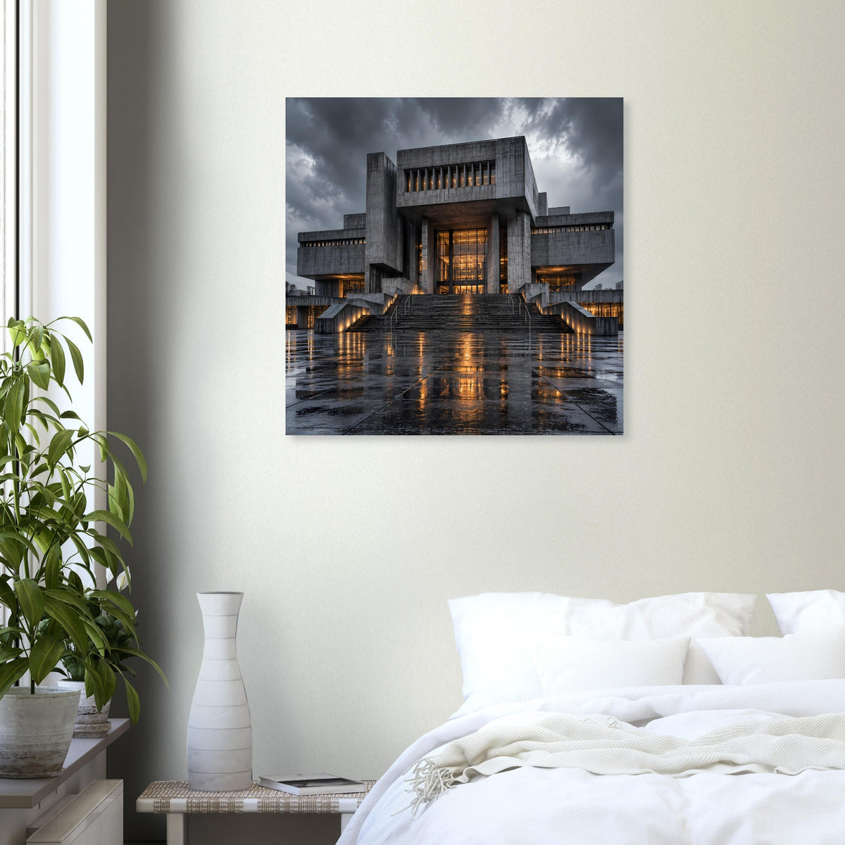 Architekturposter mit beleuchtetem Gebäude, Regen-/Reflexionen und grauem Wolkenhimmel