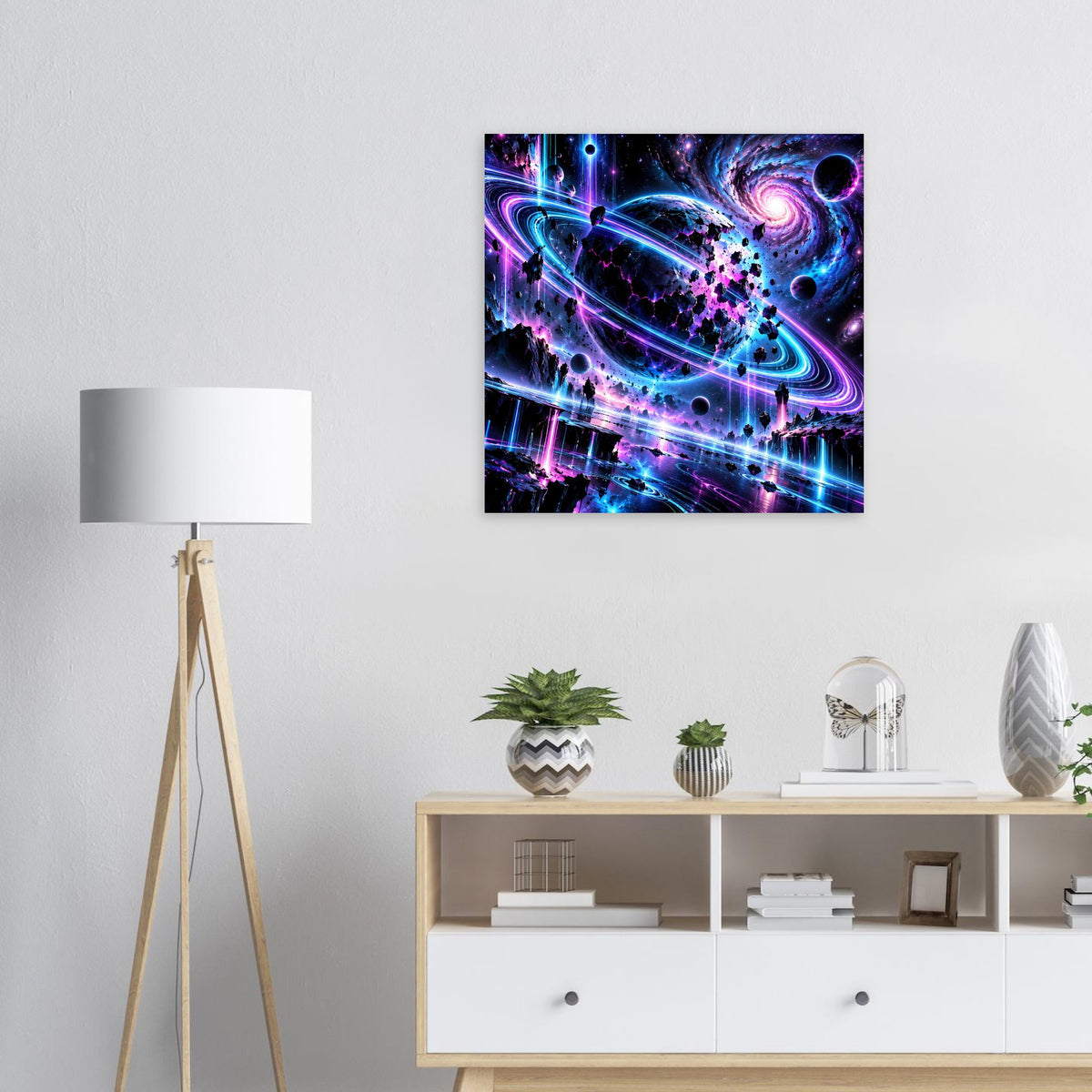 Quadratisches Poster mit Neon-Galaxie und planetarischen Bahnen in Blau, Lila und Pink