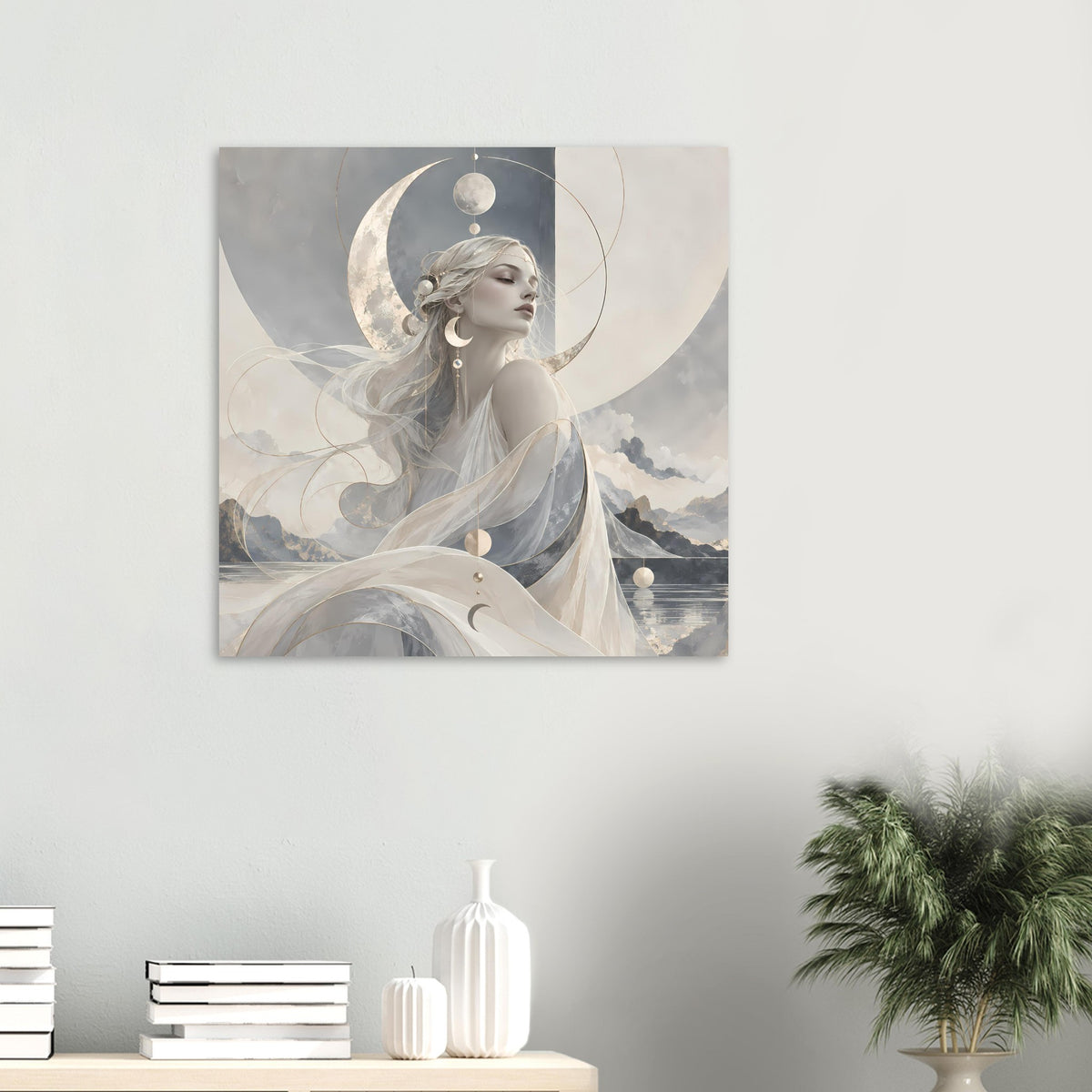 Kleines Poster an der Wand mit Mondgöttin im hellen Gewand und Halbmond im Hintergrund.