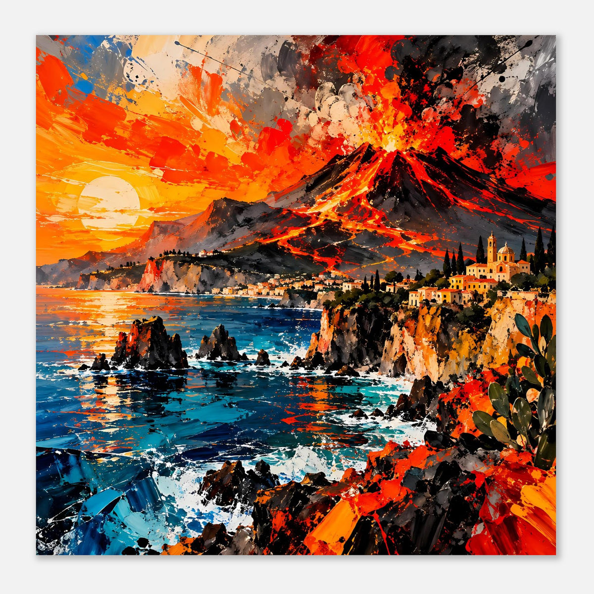 Deko-Poster, quadratischer Zuschnitt: Vulkaneruption, Lava, Küstenstadt und sprühende Farben