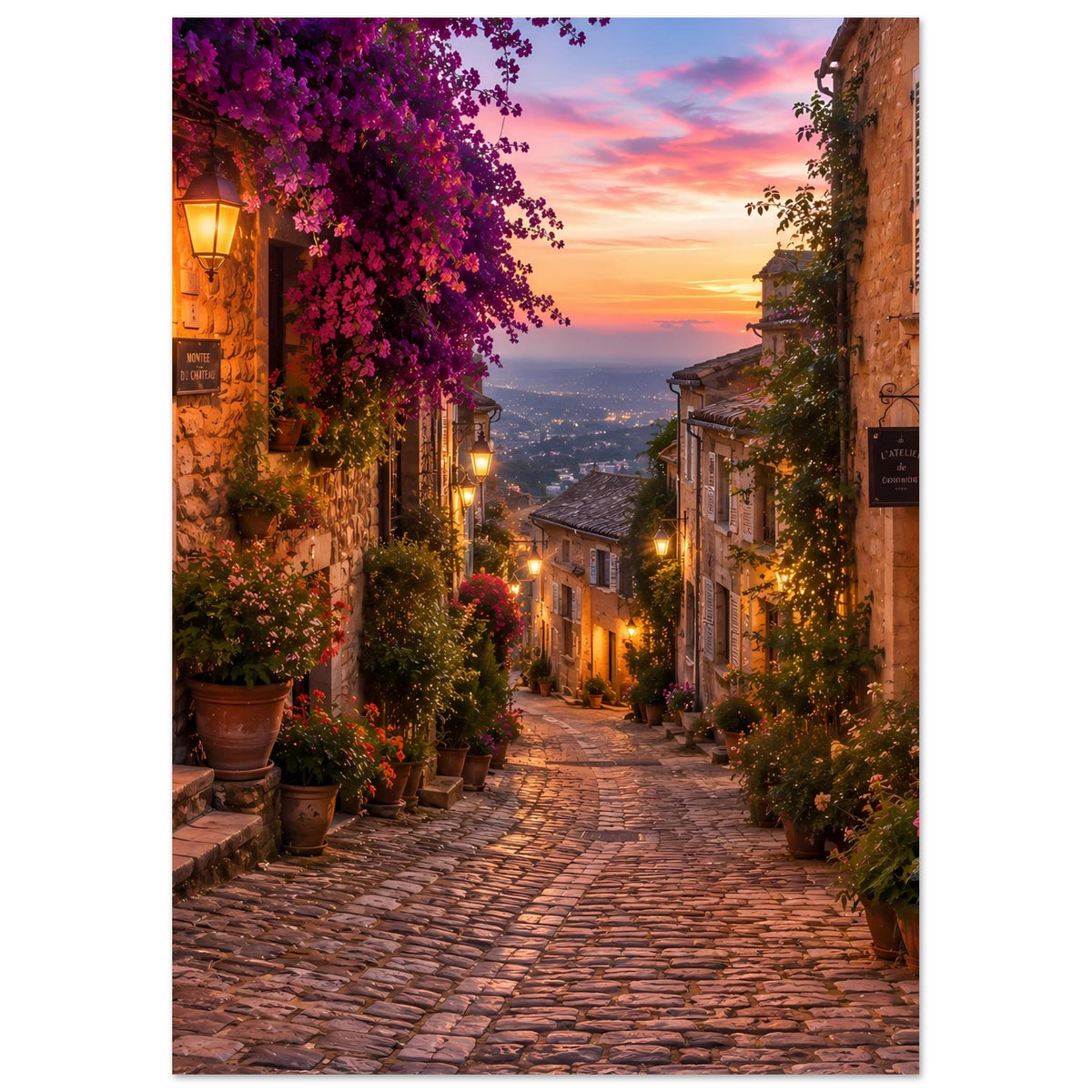 Poster mit Kopfsteinpflastergasse, üppigem Grün und violetten Blüten im Abendlicht