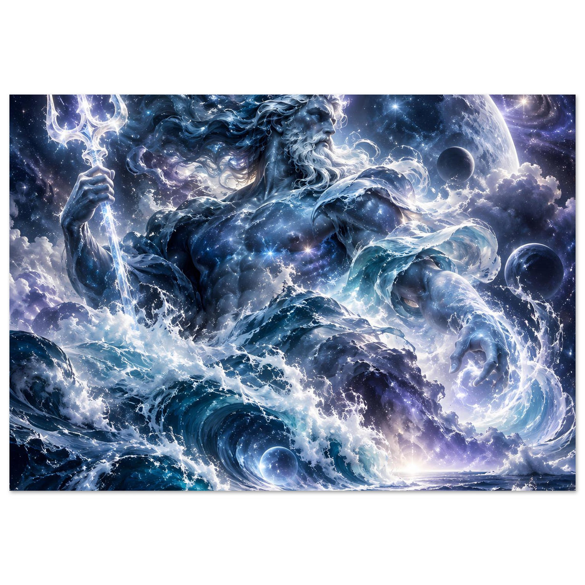 Poster im Querformat mit blauem Ozeanwesen, spiralförmigen Wellen und Sternenlichtern