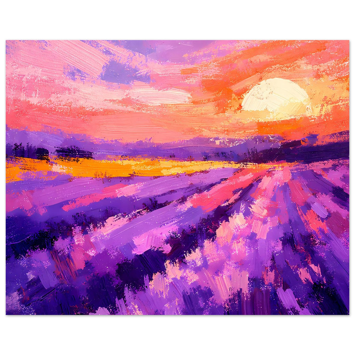 Horizontales Poster, großformatig: Lavendelreihen, orange-roter Himmel und helle Sonne