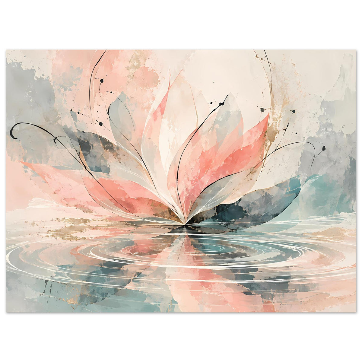 Horizontales Kunstdruck-Poster mit Aquarellblüte in Rosa und Pastellblau, schmale Linien