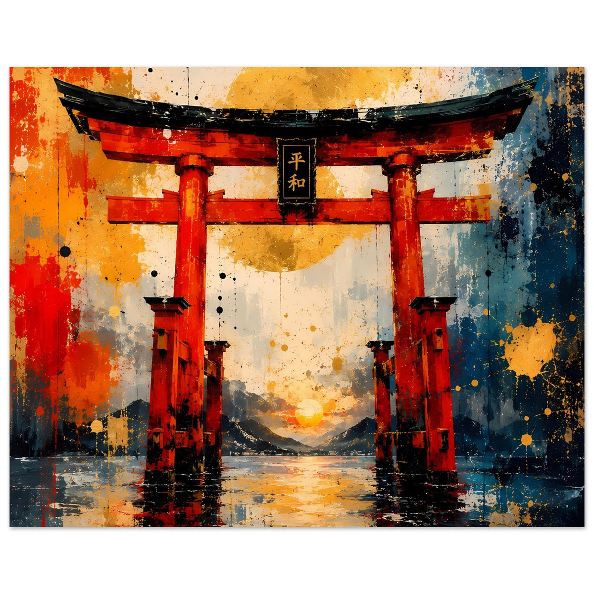 Poster mit Torii-Tor im abstrakten Stil, rote Säulen, blau-gelbe Farbflecken