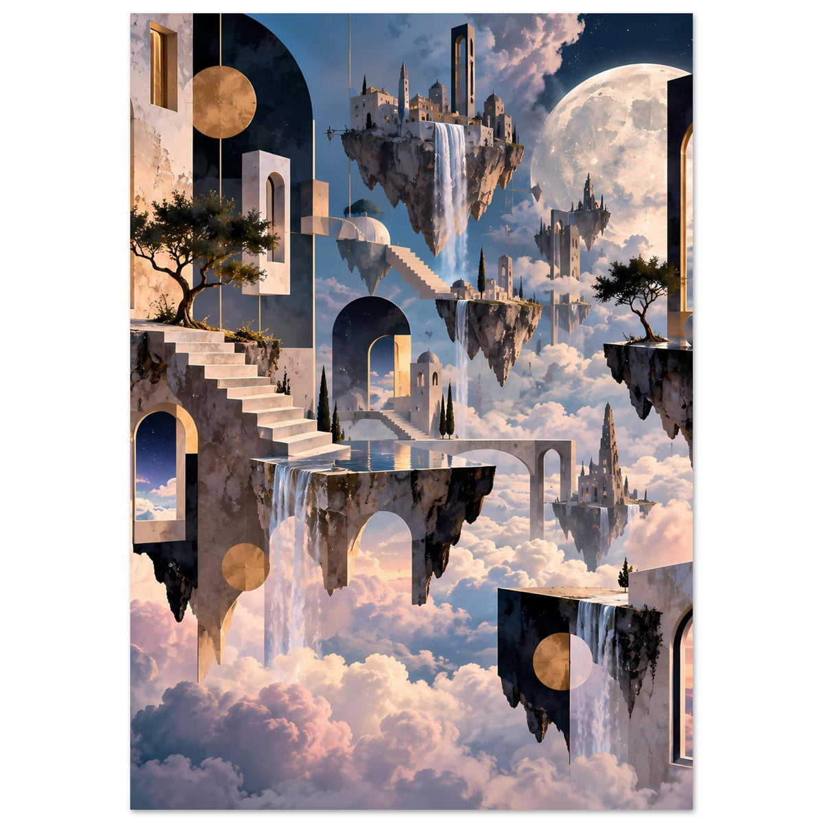Surreales Hochformat-Poster mit schwebenden Inseln, Treppen und Torbögen im Himmel