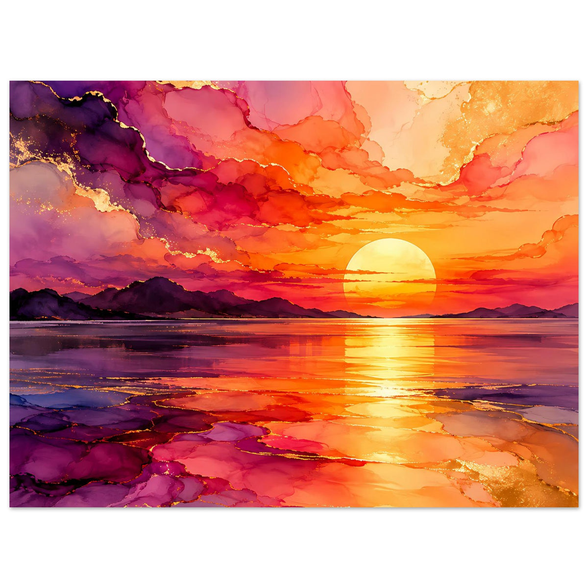 Horizontales Poster mit Sonnenuntergang: violette Wolkenstrukturen, goldene Sonne und Wasserreflexe
