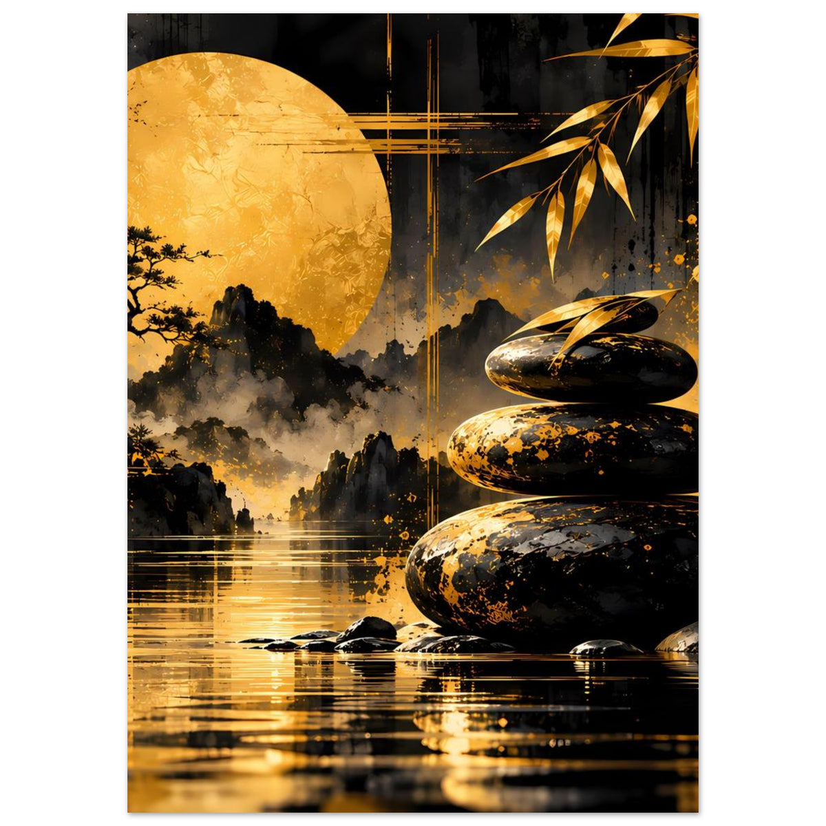 Vertikales Kunstposter: goldene Sonne über schwarzen Felsen, Steine im Vordergrund