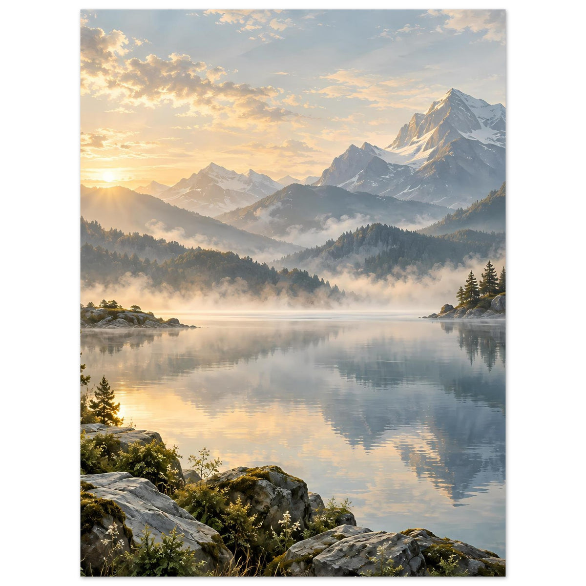 Landschaftsposter mit Bergsee, Nebel und goldenem Sonnenaufgang, vertikales Motiv