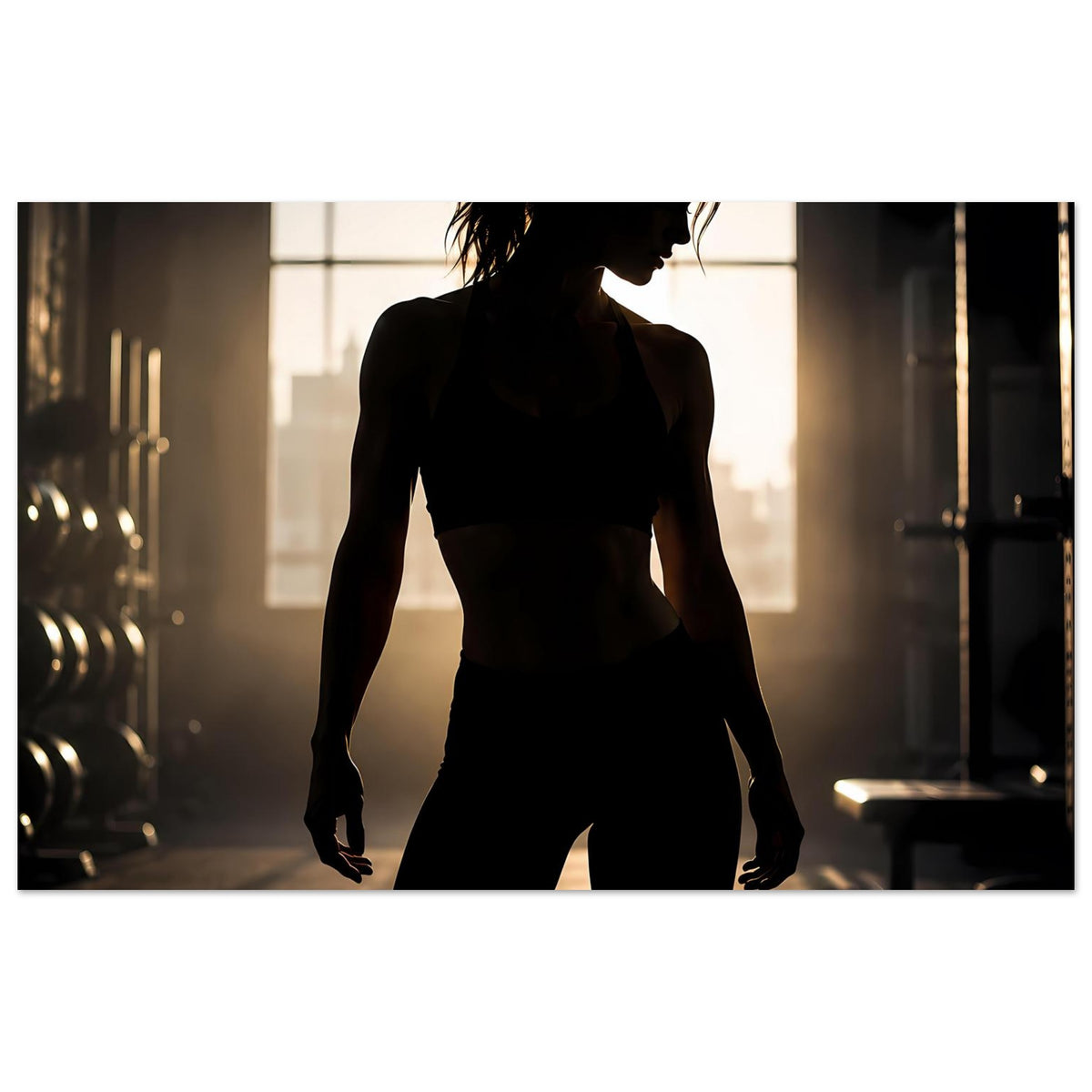 Fitness-Poster im Querformat mit Sportlerin-Silhouette, durchtrainierter Körper, dunkles Outfit.