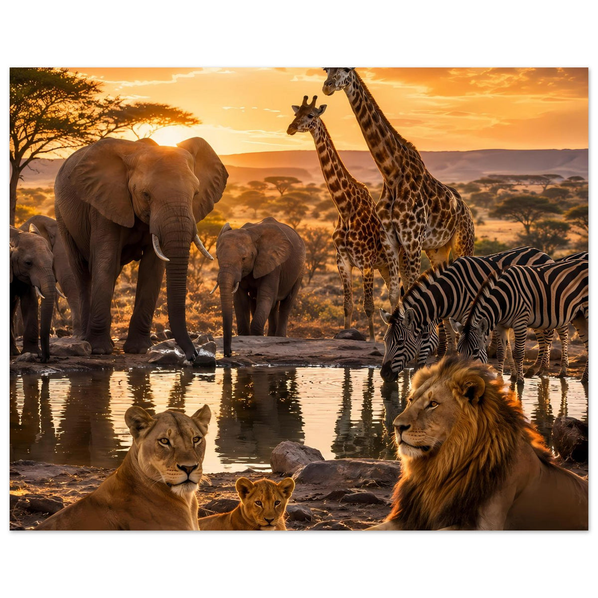 Poster mit Giraffen und Zebras am Wasser, Elefanten sowie Löwe und Löwin