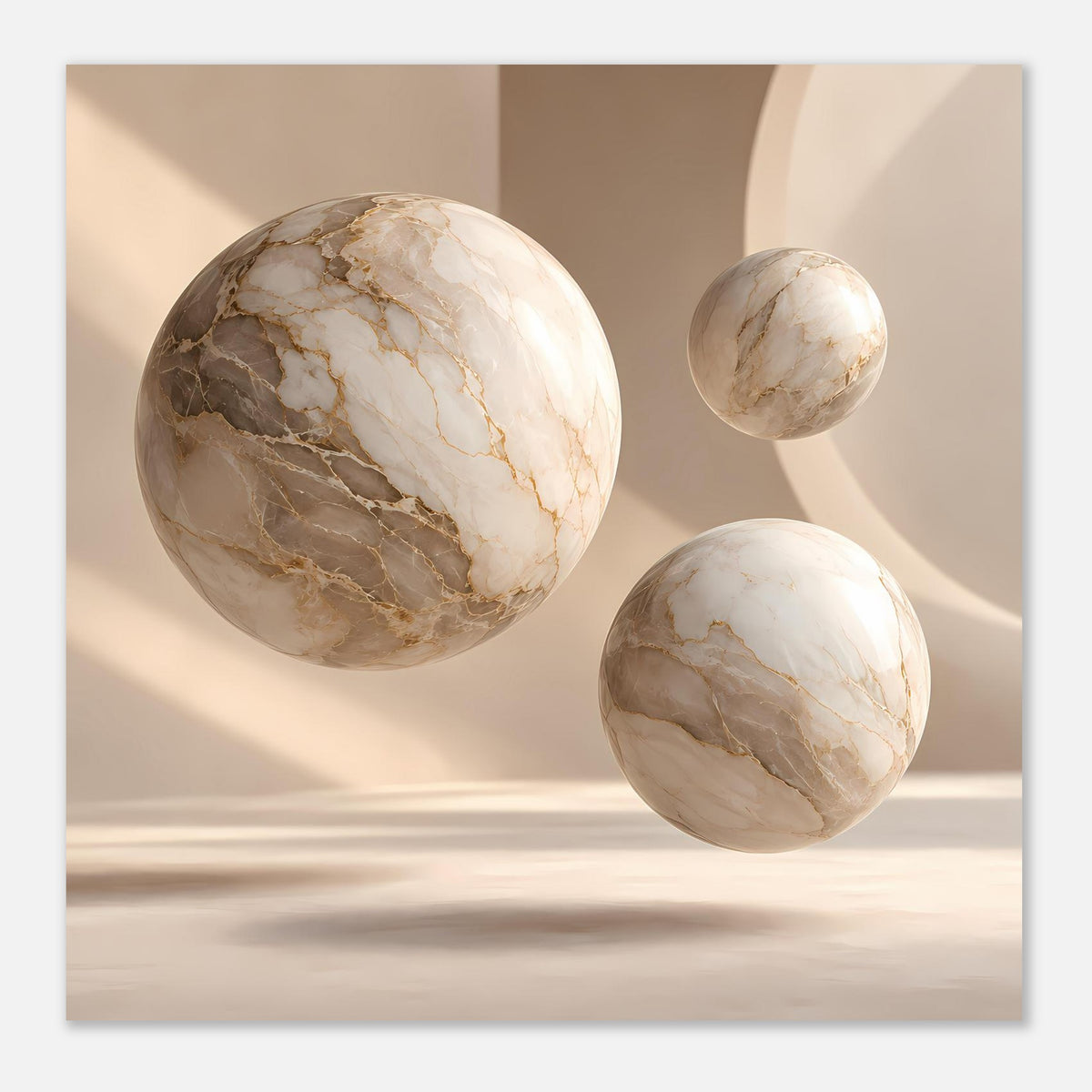 Poster im Querformat mit drei Marmorkugeln in Creme und Beige, feine Adermuster