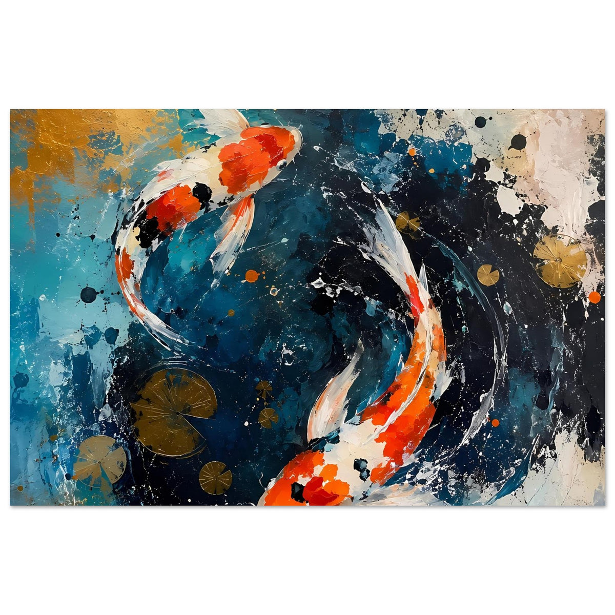 Abstraktes Poster mit zwei Koi-Fischen, kräftige Orange-Akzente und schwarze Spritzer