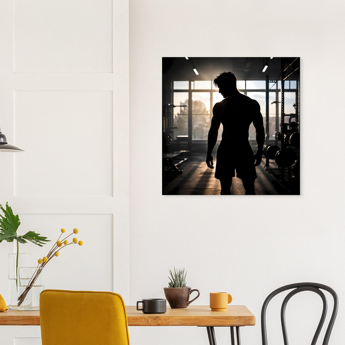 Motivationsposter mit Sport-Silhouette eines Läufers, dunkle Konturen vor der Halle