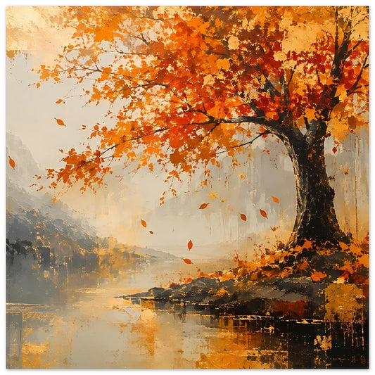 Herbst-Poster mit großem Baum, orangefarbenem Laub und See-Motiv in warmen Farbtönen