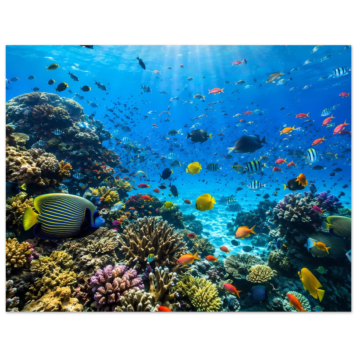Korallenriff-Poster mit bunten Tropenfischen, Korallenriff und blauem Unterwassermotiv