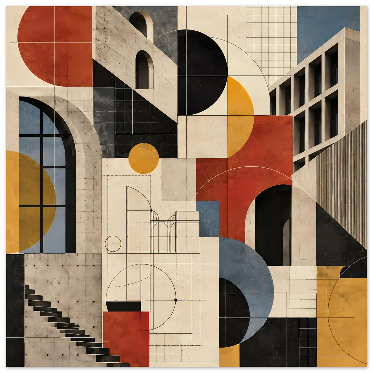 Kunstposter mit geometrischem Architekturmotiv, Kreise und Bögen in Terrakotta und Schieferblau