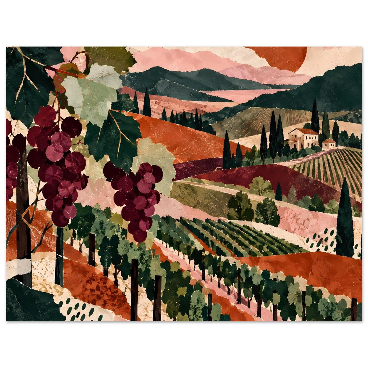 Weinrebenposter mit Weintrauben, farbigen Hügeln, Reihen von Weinbergen und Dorfhaus