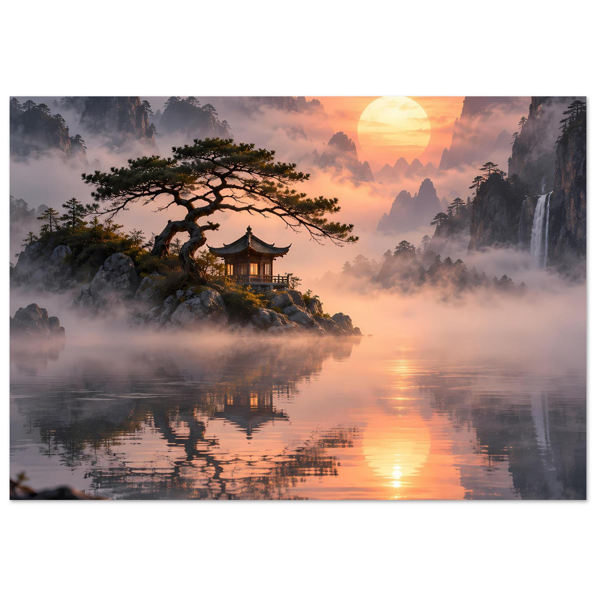 Querformatiges Poster: Pagode und Baum am Ufer, Sonne über Nebel und Spiegelung im See