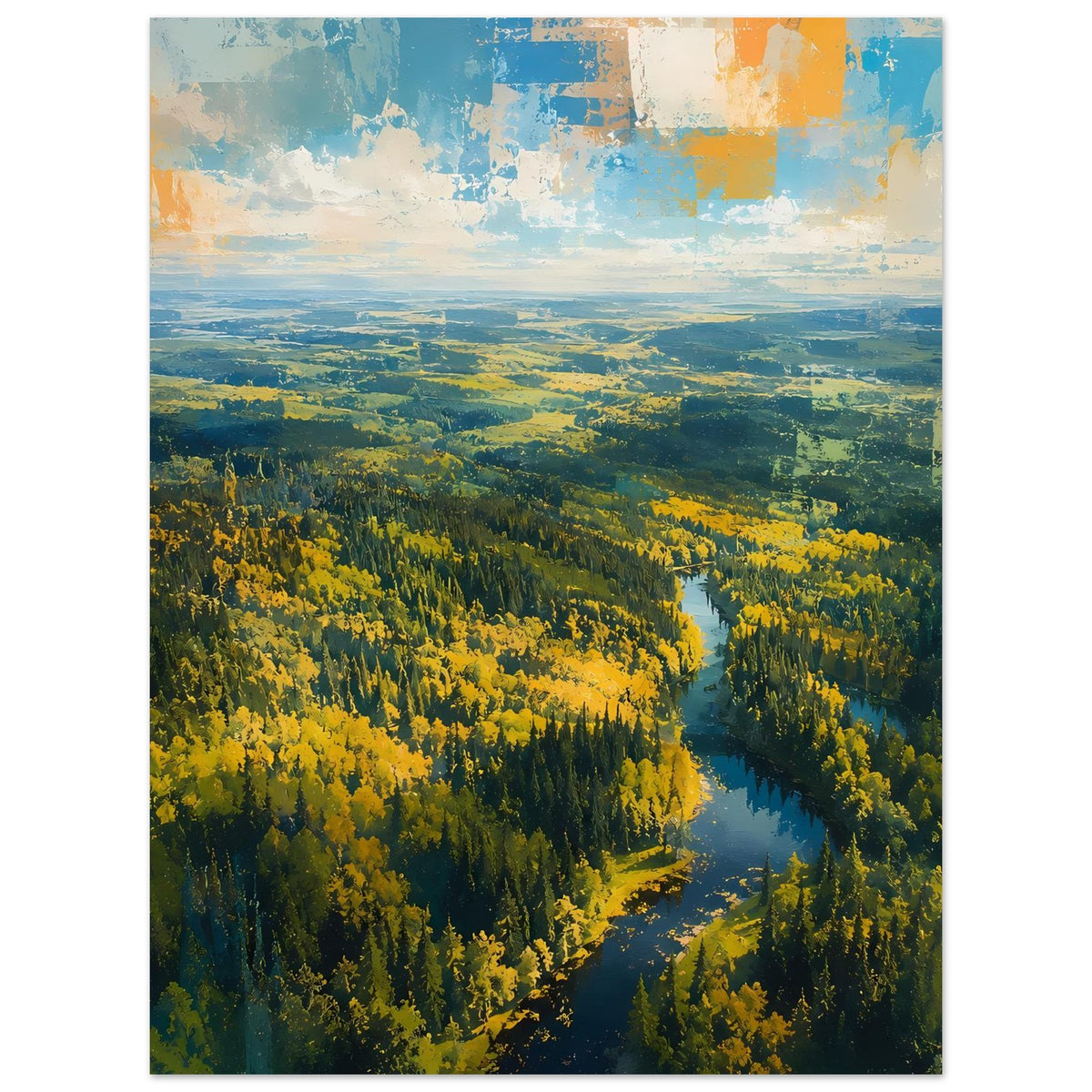 Premium-Poster hochkant: Schluchtwald mit gelben Kronen und blauem Flussverlauf