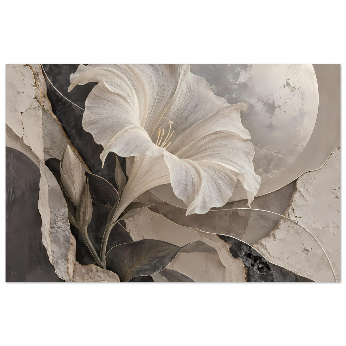 Kunstposter im Querformat: weiße Blüte über Halbmond zwischen hellen und dunklen Steinstreifen
