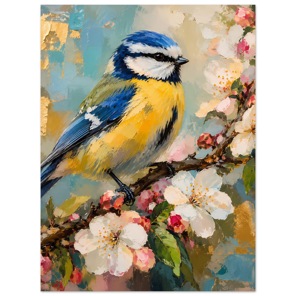 Vogelkunst-Poster (hochkant): kleiner Vogel mit blauem Gefieder zwischen Blüten