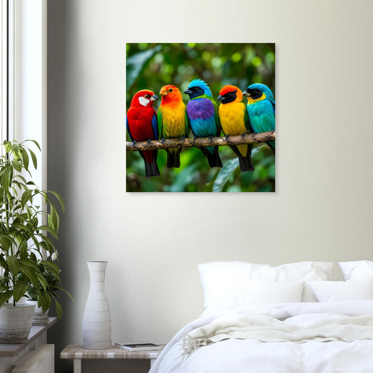 Poster mit farbenfrohen Papageienvögeln auf Ast vor grünem Hintergrund