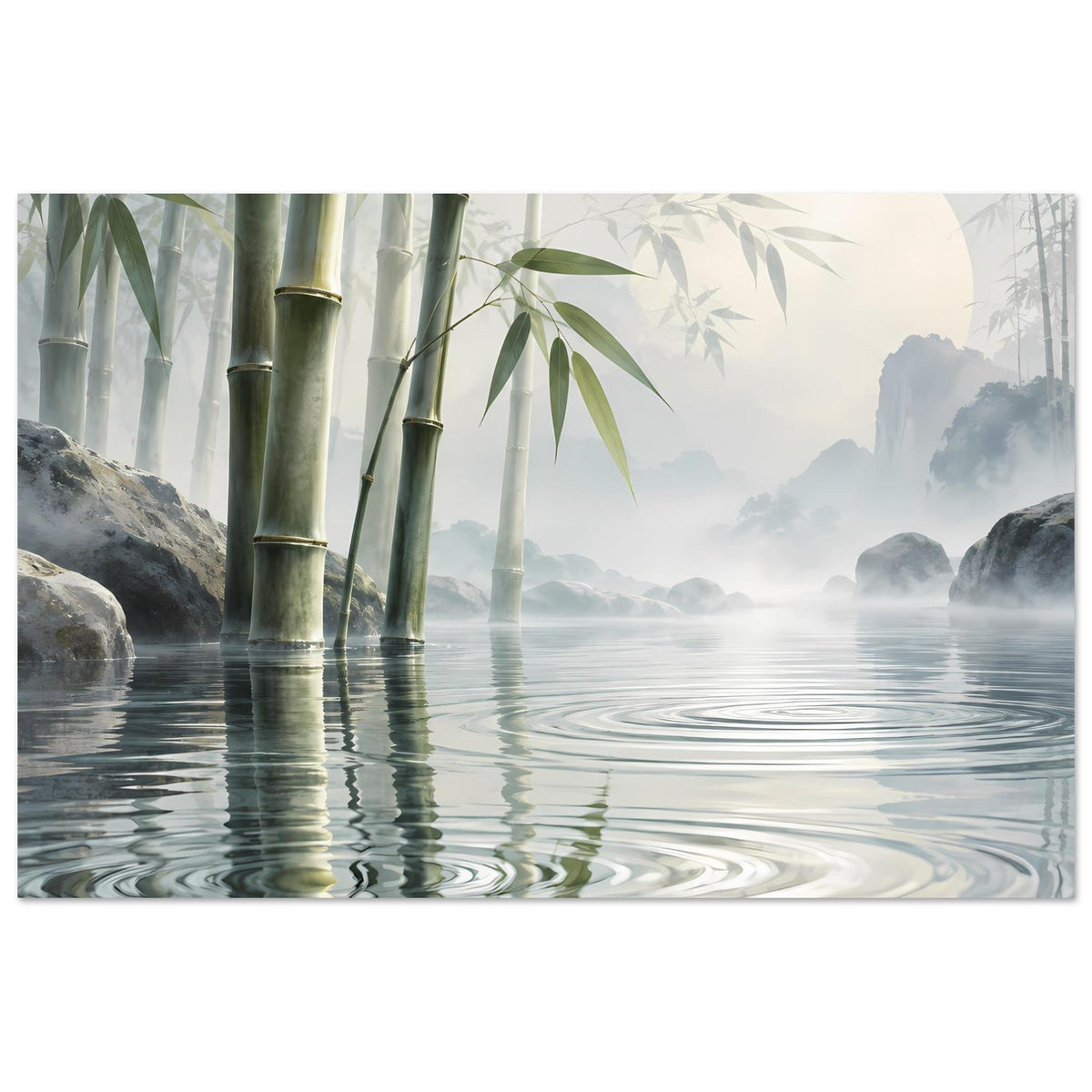 Poster mit Bambus im Wasser, horizontales Motiv mit wellenartigen Reflexionen und Dunst