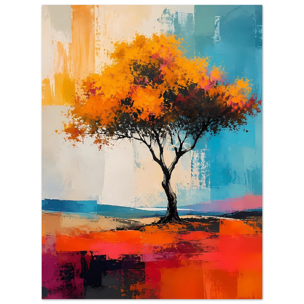 Abstraktes Poster mit Baum, orange Laubkrone und türkisfarbene Farbblöcke