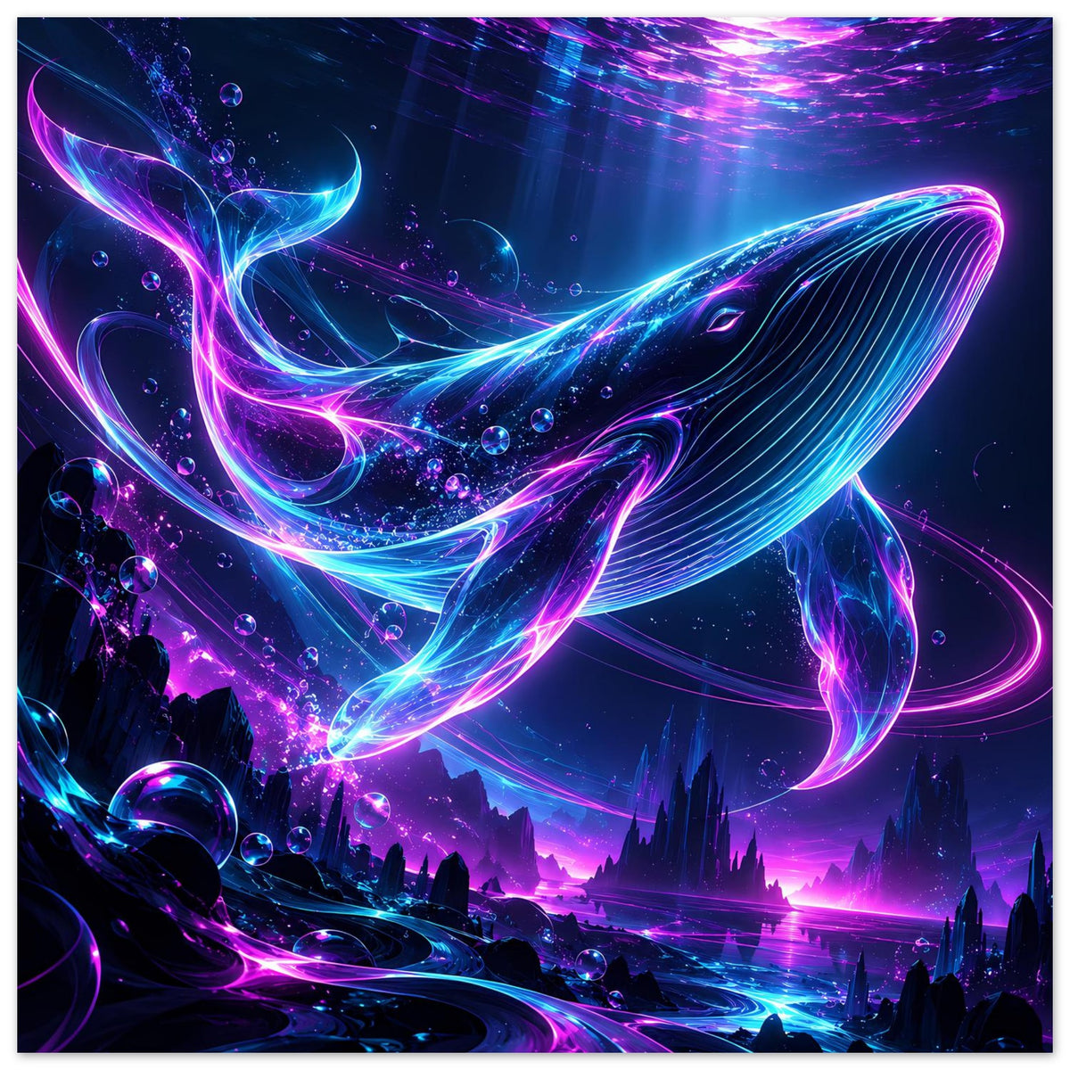 Quadratisches Unterwasser-Neonposter: Wal in Blau und Pink, umgeben von Tropfen und Strahlen