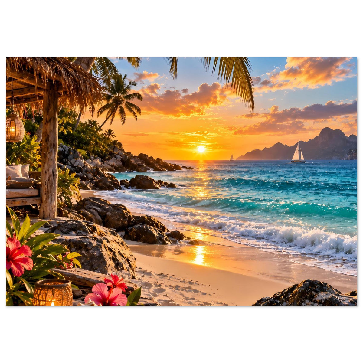 Strandposter mit Palmen, Sonnenuntergang, Blick auf Meer und Felsen, Blüten unten links