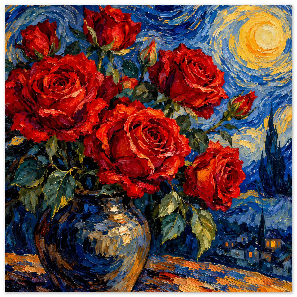 Nahansicht-Poster: rote Rosen in Vase vor blau-gelbem Nachthimmel mit hellem Kreis