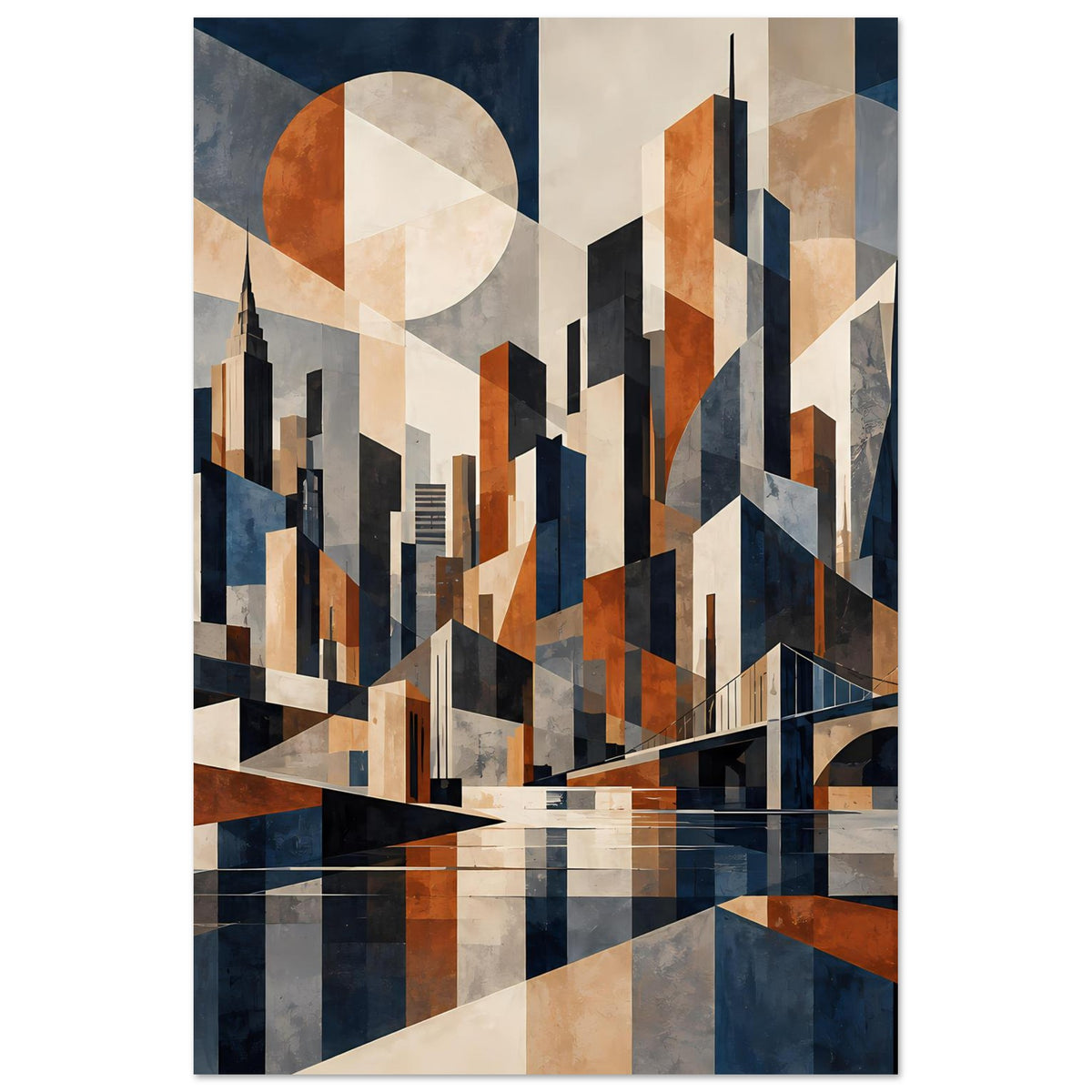 Poster mit geometrischer Stadtsilhouette: Türme, Brücke, große Kreisformen in Blau und Rost