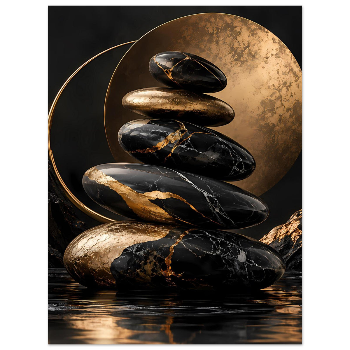 Poster mit Zen-Steinen: geschichtete schwarze und goldene Steine, goldene Kreiselemente