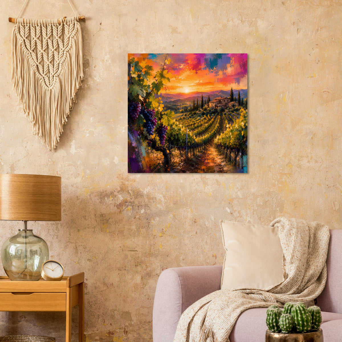Wandposter mit Weinbergpfad, Landhaus und Sonnenuntergang, farbenfrohe Landschaftsmalerei