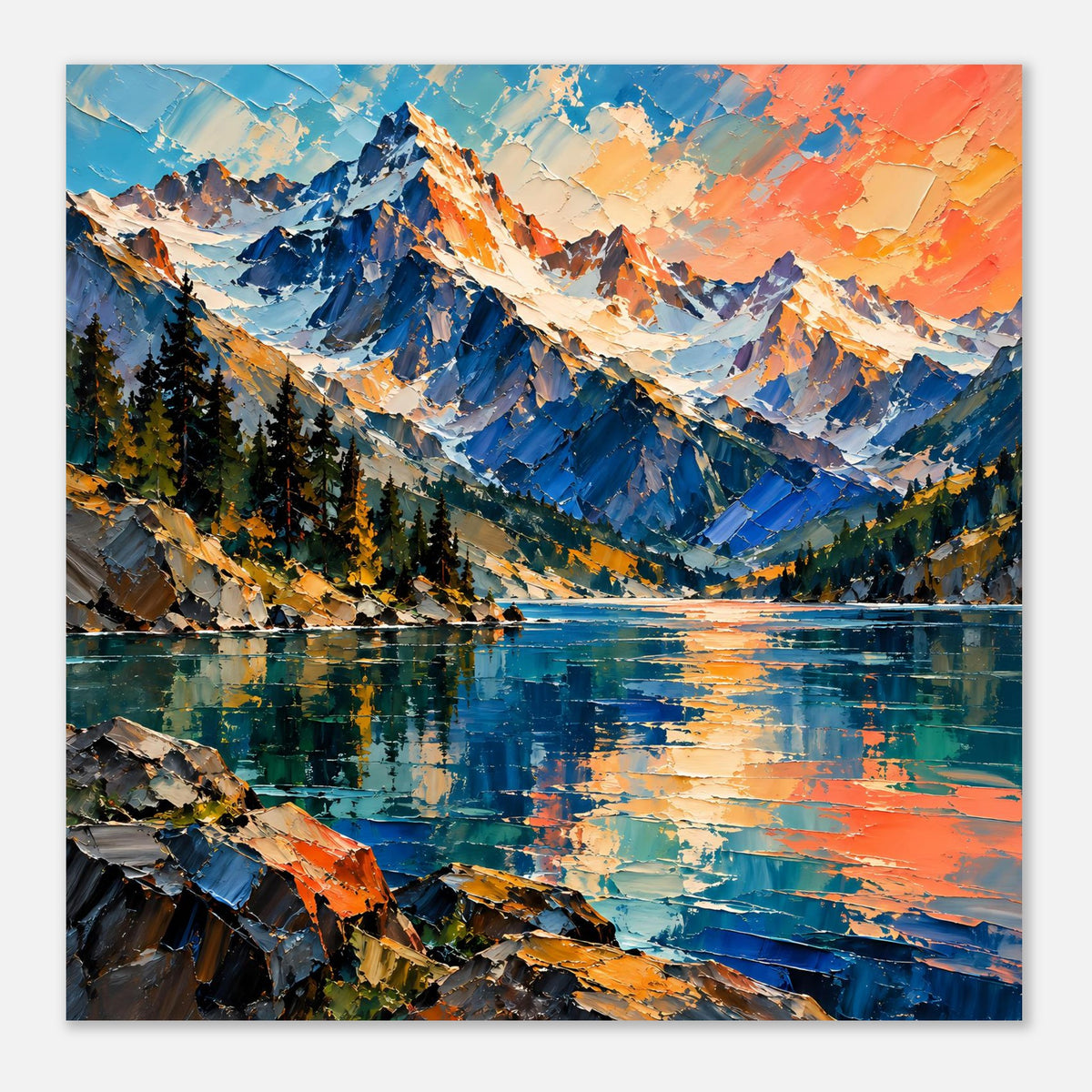 Mattes Poster im Querformat: Berge, Wald und See mit leuchtenden Farben.