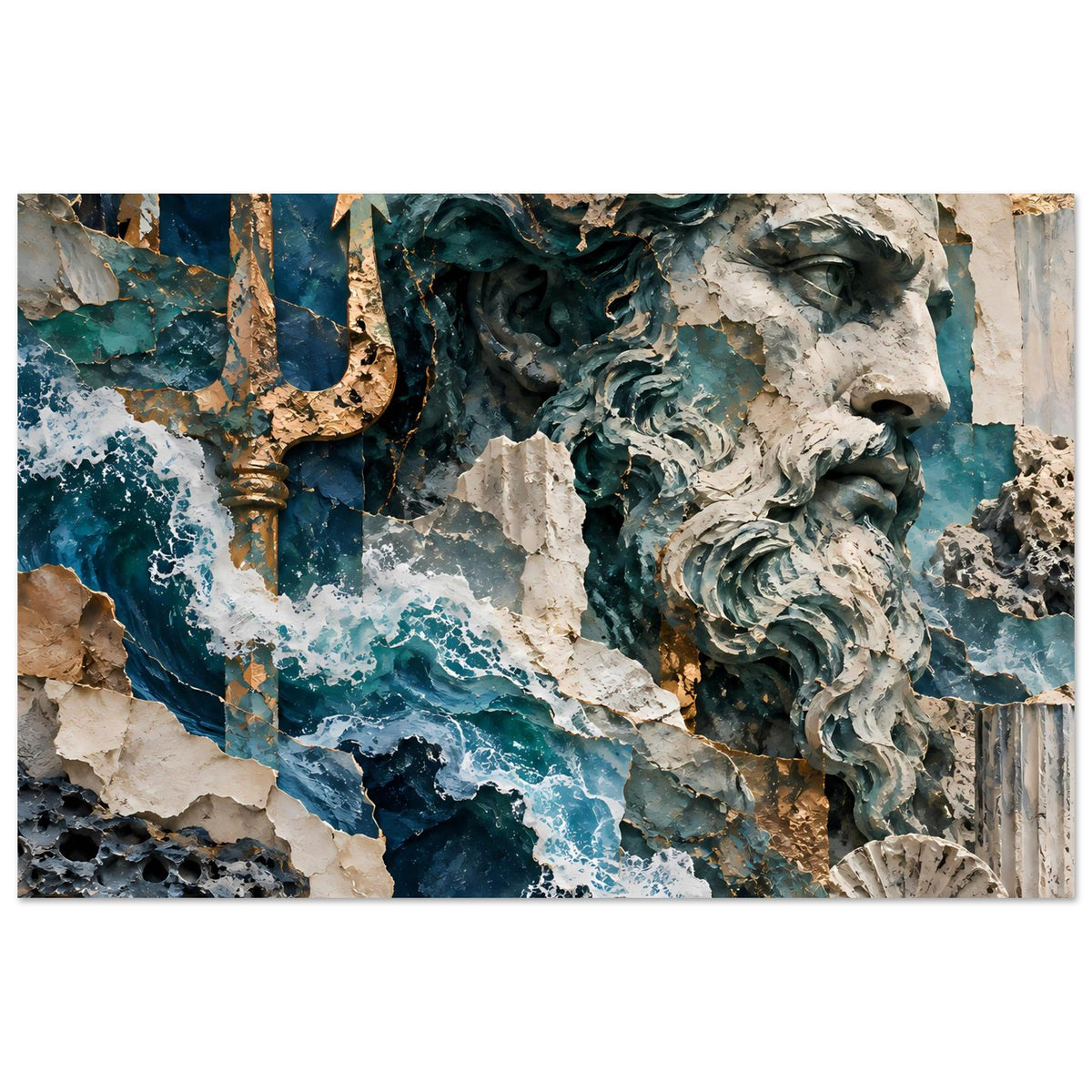 Poster mit Neptun-Relief, Dreizack links und Meeresschaum-Wellen in Blau