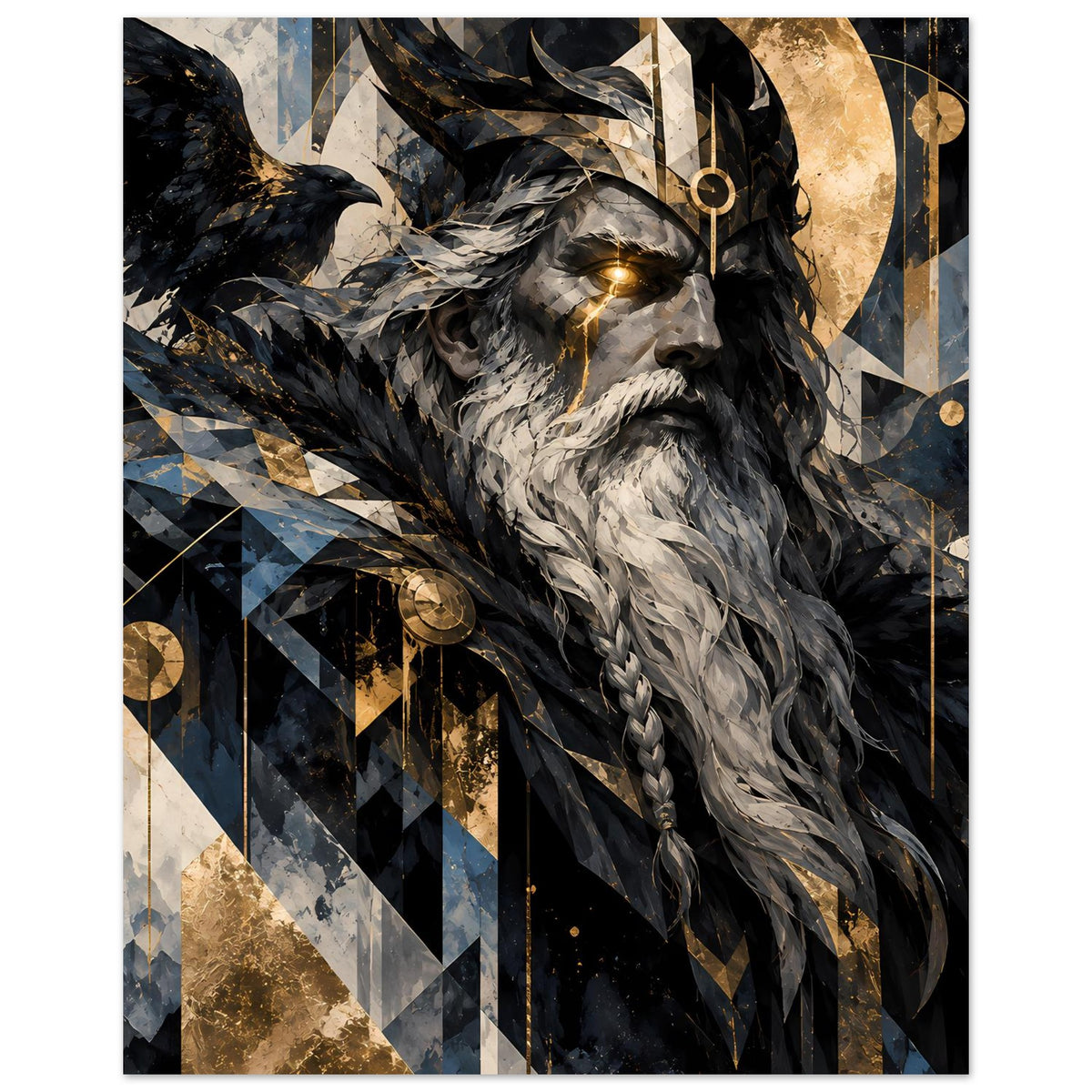 Poster mit Odin-Vogelmotiv: golden leuchtendes Auge, grauer Bart, Rabenflügel rechts