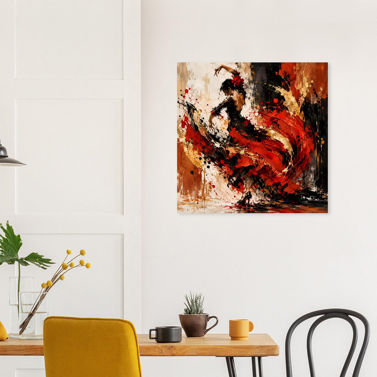 Wandposter mit Flamenco-Tänzerin, rot-schwarze Farbwirbel, Pinselstriche und Spritzer
