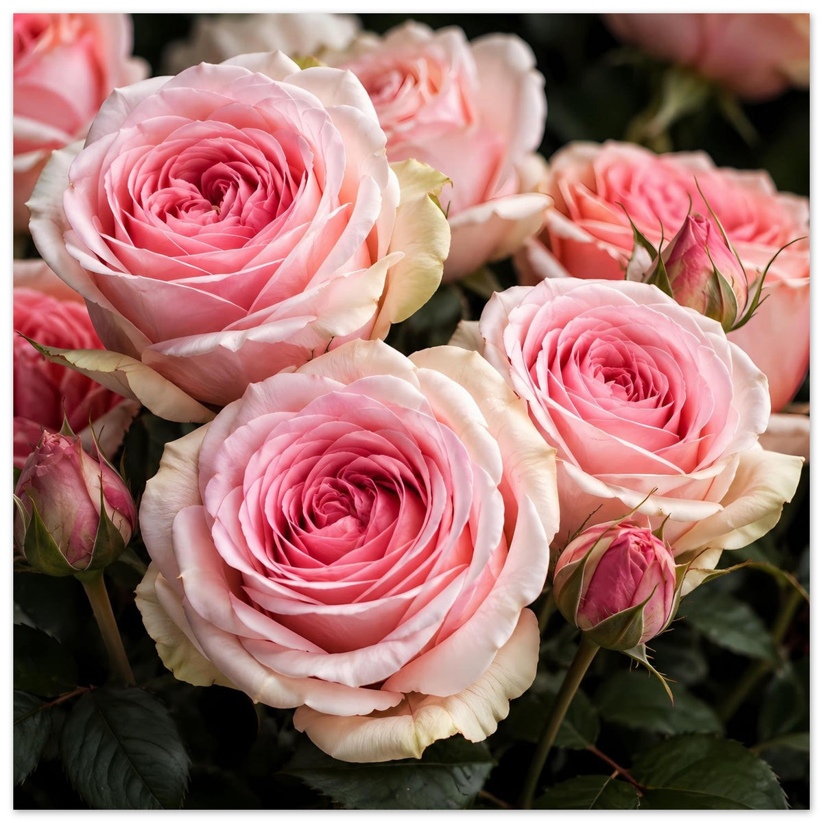 Poster mit rosa Rosenblüten und cremeweißen Blütenblättern, drei Blüten im Fokus